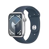 Apple Watch Series 9 GPS, 45 mm Aluminiumgehäuse Silber, Sportarmband Sturmblau – S/M