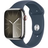 Apple Watch Series 9 LTE 45mm Edelstahl Silber Sportarmband Sturmblau M/L